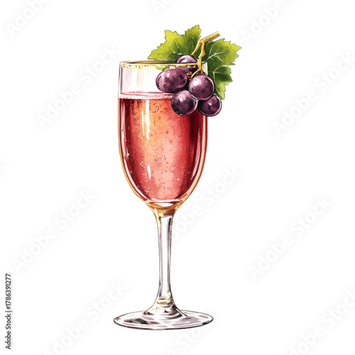 Watercolor Kir Royale Cocktail in Flute Glass with Grape Garnish Vector Clipart
