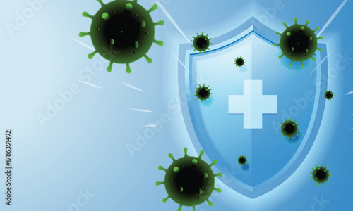 Medical protection shield icon deflecting virus and bacteria. Immune system defense symbol