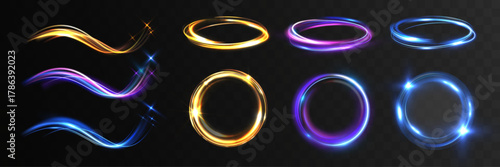 Vortex speed glowing light rings and flowing swirls set, vibrant energy trails, magic portal circles, luminous motion waves, futuristic neon glow effects on dark transparent background.
