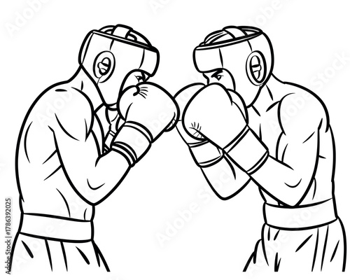 Two boxers wearing headgear and gloves face each other in the ring.