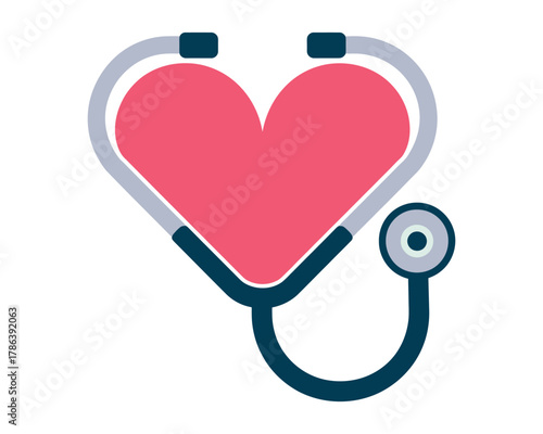 A stethoscope is wrapped around a stylized heart shape, symbolizing healthcare.