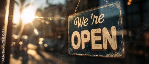 Fototapeta Naklejka Na Ścianę i Meble -  Vintage “We’re open” sign on glass door in warm morning light