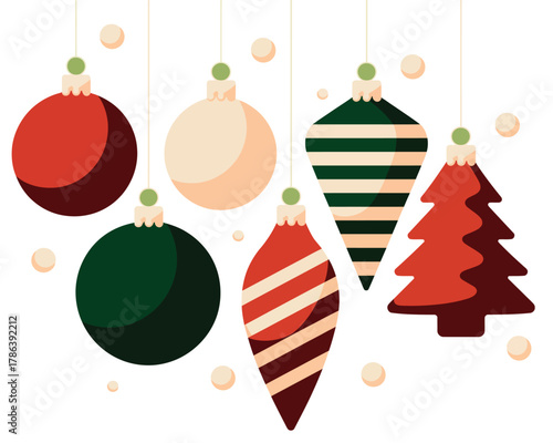 Various Christmas ornaments are hanging on threads against a white background.