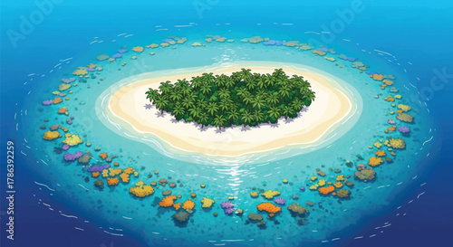 Vibrant tropical island paradise beckons with lush palm trees, pristine sandy beach, and colorful coral reef teeming with marine life underwater.