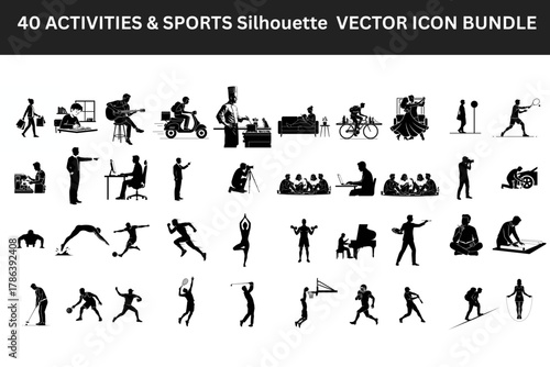 40 activities and sports silhouette vector icons bundle
