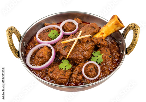 Indian lamb curry in a karahi isolated on transparent background