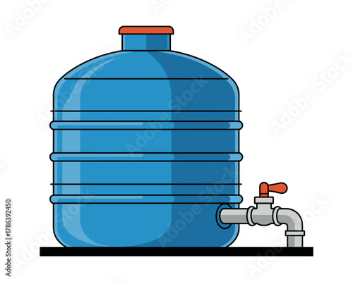 A blue water cooler bottle with a tap on a black surface is depicted.