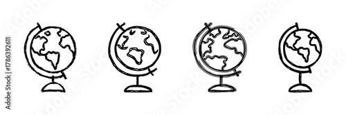 Globes Line Icon Set In Doodle Style. Geography, Education, And Global Awareness Outline Sketch Collection. Hand Drawn Isolated Vector Illustration