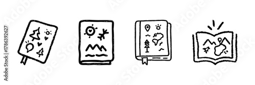 Travel Journals And Maps Line Icon Set In Doodle Style. Adventure Planning, Exploration, And Vacation Documentation Outline Sketch Collection. Hand Drawn Isolated Vector Illustration