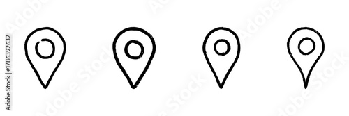 Map Location Pin Line Icon Set In Doodle Style. Navigation, Gps, And Geolocation Marker Outline Sketch Collection. Travel And Mapping Symbols. Hand Drawn Isolated Vector Illustration