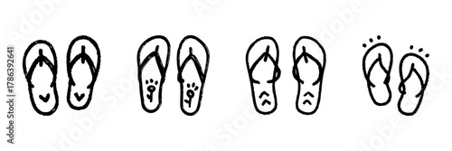 Flip Flop Sandals With Decorative Patterns Line Icon Set In Doodle Style. Summer Footwear, Beach Vacation, And Casual Style Outline Sketch Collection. Hand Drawn Isolated Vector Illustration
