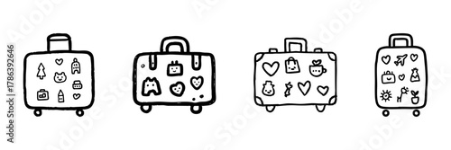Suitcase With Travel Stickers Line Icon Set In Doodle Style. Vacation, Adventure, And Journey Symbolism Outline Sketch. Travel Enthusiast'S Essentials. Hand Drawn Isolated Vector Illustration