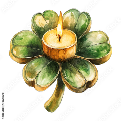 Watercolor Four Leaf Clover Candle Holder St. Patrick's Day Vector Clipart
