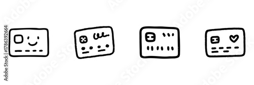 Credit Card Line Icon Set In Doodle Style. Financial Transactions, Payment Methods, And Banking Outline Sketch Collection. Hand Drawn Isolated Vector Illustration