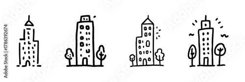 Urban Skyline Buildings Line Icon Set In Doodle Style. Cityscape, Architecture, And Urban Planning Outline Sketch Collection. Hand Drawn Isolated Vector Illustration