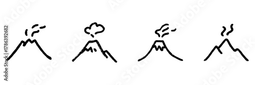 Volcano Eruption Line Icon Set In Doodle Style. Natural Disaster, Geology, And Volcanic Activity Outline Sketch Collection. Hand Drawn Isolated Vector Illustration