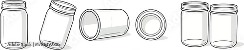 set of glass transparent jars for drinks and food in various shapes in isometric style, for menus, delivery or packaging designs