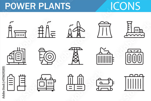 Industrial electricity generation outline icons for energy concept design