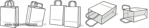 set of paper white takeaway bags with handles in different shapes in isometric style, for menus, delivery or packaging designs