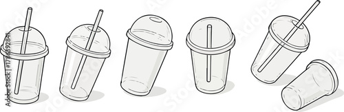 set of transparent takeaway cups for drinks with straws and lids in different shapes in isometric style, for menu, delivery or packaging designs