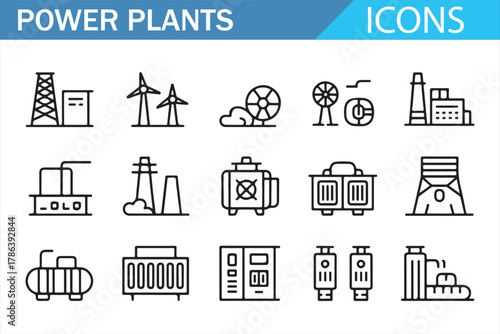 Renewable and nonrenewable power plant symbols vector pack