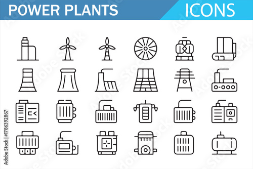 Energy production and distribution icon collection in editable stroke style