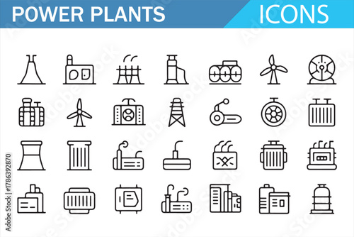 Vector linear icons of electric power generation and industrial energy systems