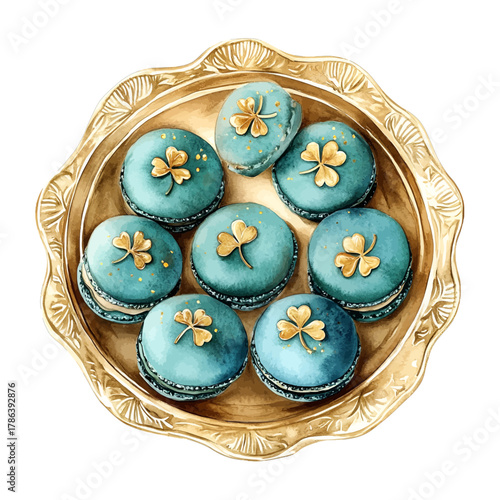 Watercolor Blue Teal Shamrock Macarons on Gold Plate Clipart Vector
