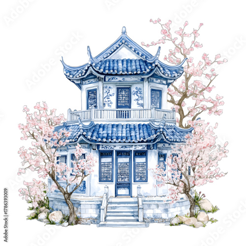 Watercolor Blue and White Chinoiserie Pagoda with Cherry Blossoms Vector Clipart
