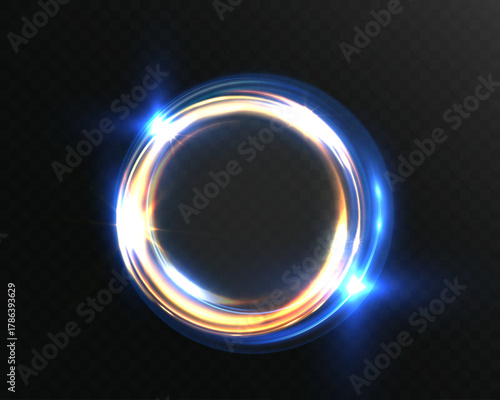 Glowing blue and golden light ring with bright energy shine, luminous circular motion halo, futuristic neon swirl effect, sci-fi portal design on dark transparent background.
