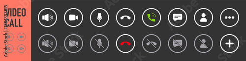Set of Video call icons. Video conference. Collections buttons of on-line video chat app, internet talk, call technology. Web app ui display template. Videoconferencing and online meeting workspace