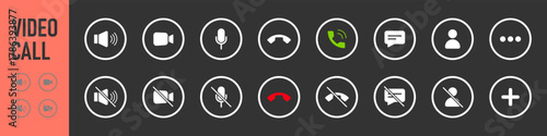 Set of Video call icons. Video conference. Collections buttons of on-line video chat app, internet talk, call technology. Web app ui display template. Videoconferencing and online meeting workspace