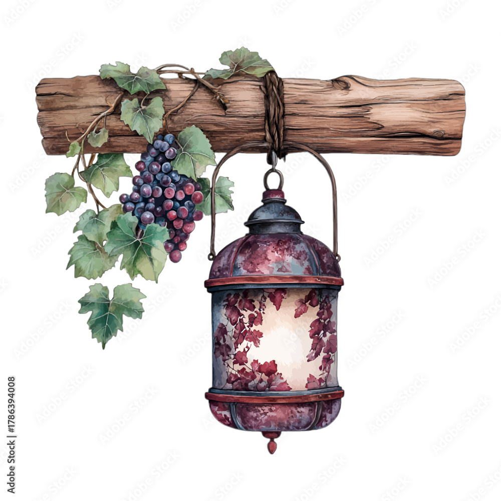 Fototapeta premium Watercolor Rustic Lantern with Grapevine and Grapes Clipart Vector 