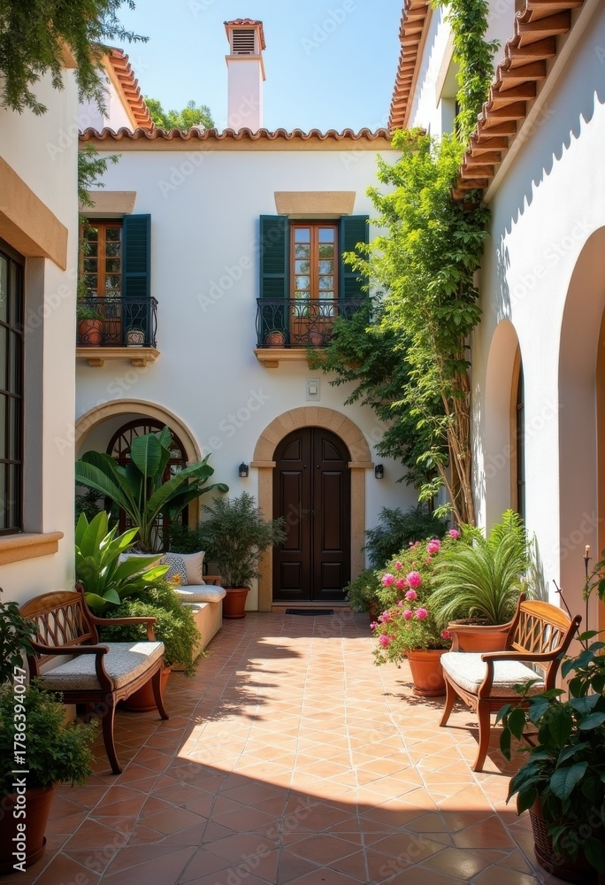 Naklejka premium Charming White Stucco Mediterranean Villa with Enchanting Central Courtyard Captivating Spanish Influence