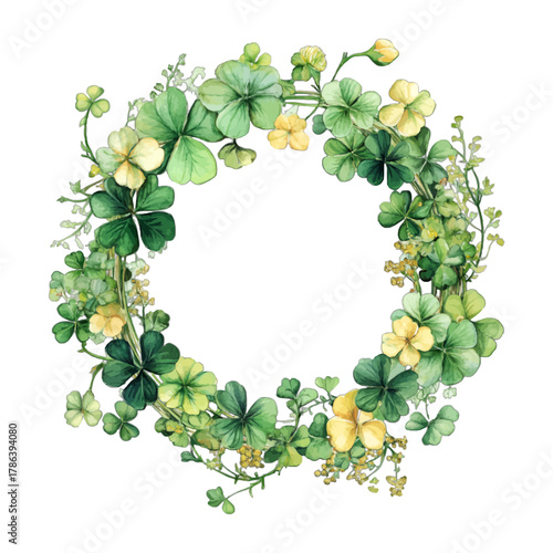 Watercolor Green Shamrock and Clover Wreath Vector Clipart 
