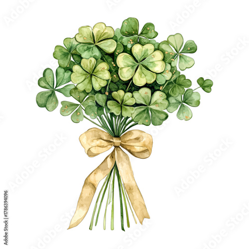 Watercolor Green Shamrock Bouquet Tied with Gold Ribbon Vector Clipart 
