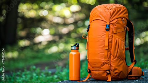 Orange backpack and water bottle for outdoor adventure and hiking
