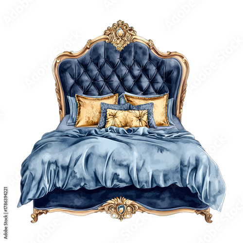 Watercolor Navy Blue Gold Royal Bed with Tufted Headboard Vector Clipart
