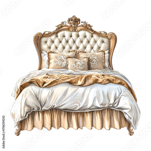 Watercolor Vintage Baroque Royal Bed with Tufted Headboard Vector Clipart
