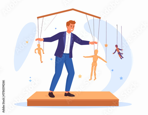 A man on a stage controls puppet figures with strings attached to a wooden frame, symbolizing manipulation and control.