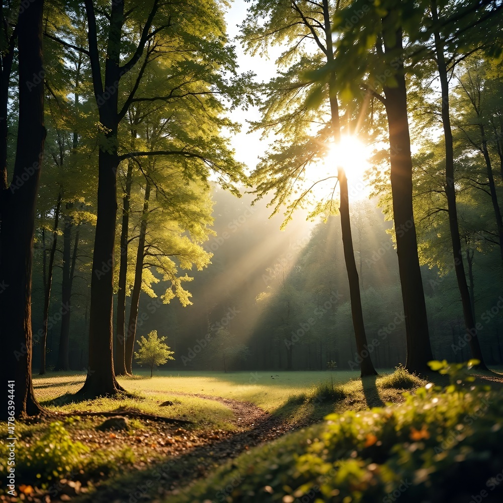 Obraz premium Morning Sunlight in a Peaceful Forest