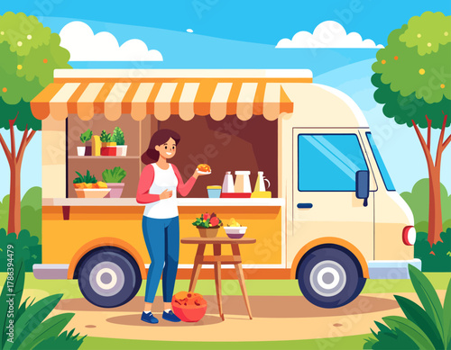 A woman stands by a food truck in a park, holding a burger, with a stool and vegetables nearby under a sunny sky.
