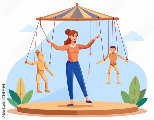 A woman is depicted as a puppeteer, controlling two wooden puppets with strings attached to a striped canopy above.