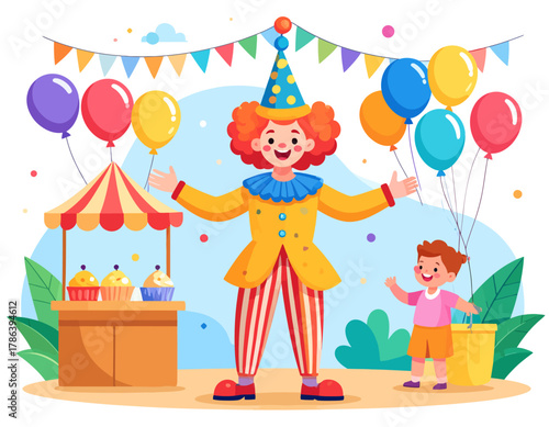 A cheerful clown with red hair and a polka dot hat stands with open arms, welcoming a young boy near a colorful carnival booth with balloons and bunting.