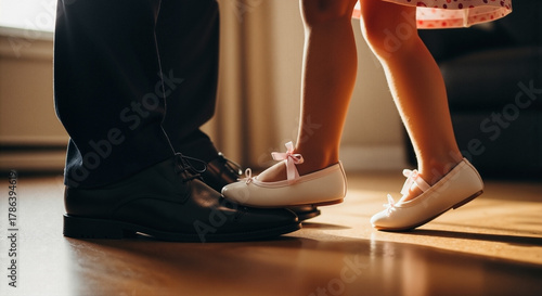 father teaching daughter to dance with joy while standing on a wooden floor