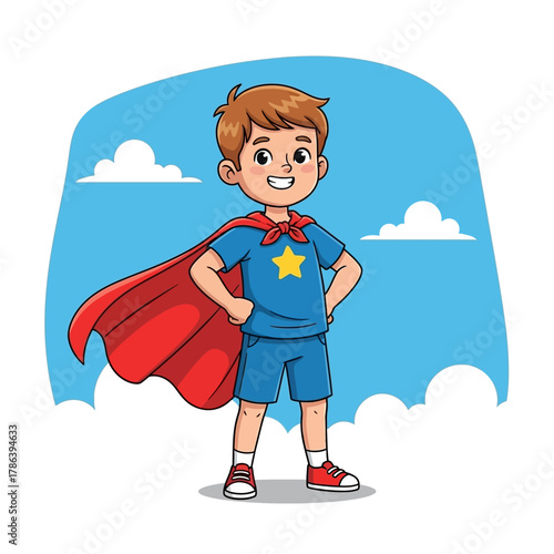 Confident young boy dressed as a superhero with a red cape, a brave story book character ready for adventure and imagination.
