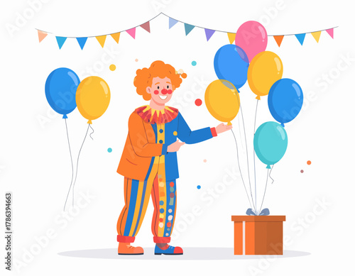 A clown with orange hair and colorful costume holds balloons next to a gift box, with festive pennants in the background.