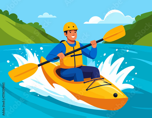 A man in a yellow kayak paddles through blue water, wearing a helmet and life vest, with green hills and a cloudy sky in the background.