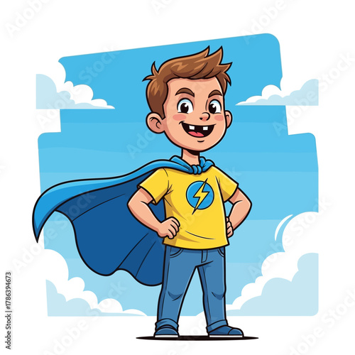 Young boy dressed as a superhero with a blue cape and lightning bolt emblem, a dynamic story book character soaring into action.