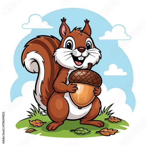 Joyful cartoon squirrel holding a giant acorn with a happy smile, a lively story book character perfect for autumn themes.